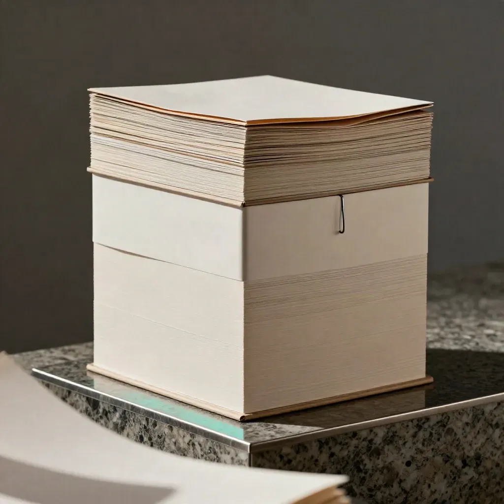 Trenddossier-Box mit gerollten Einsätzen und Klammer auf dunklem Studiountergrund.