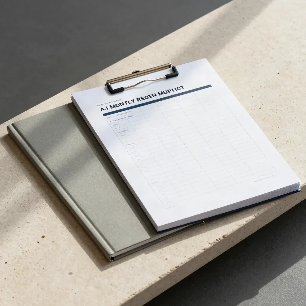 Overhead-Flatlay eines Reporting-Dashboard-Pakets mit Registerkarten auf hellem Stein.