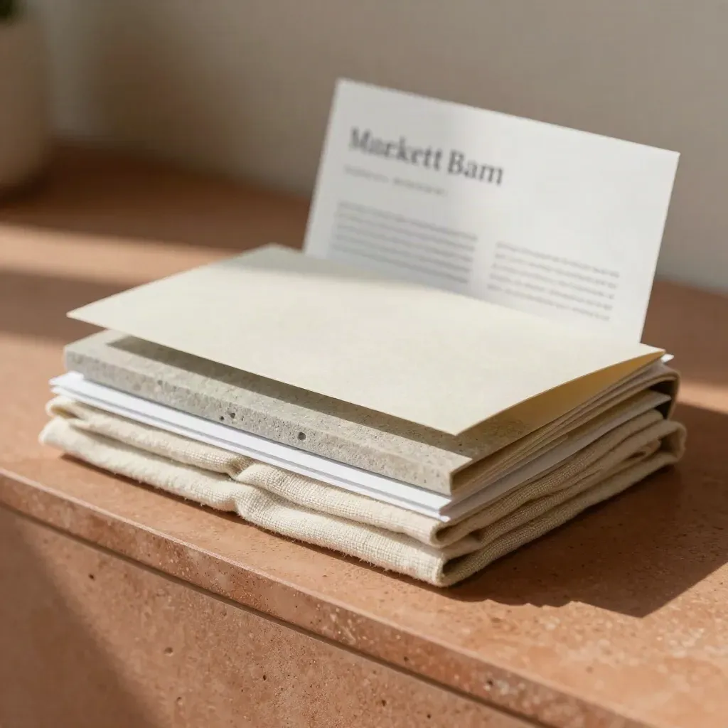 Marktfokus-Reportbundle mit Heft, Inserts und Steinpaperweight auf Stoff