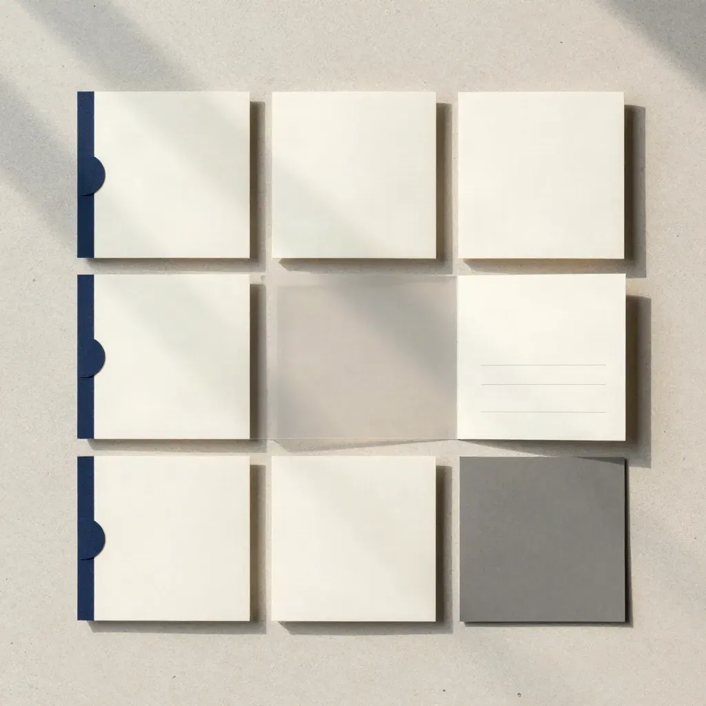 Overhead-Flatlay eines Trendbriefings mit Tabs, Trennblatt und Karte auf hellem Beton.