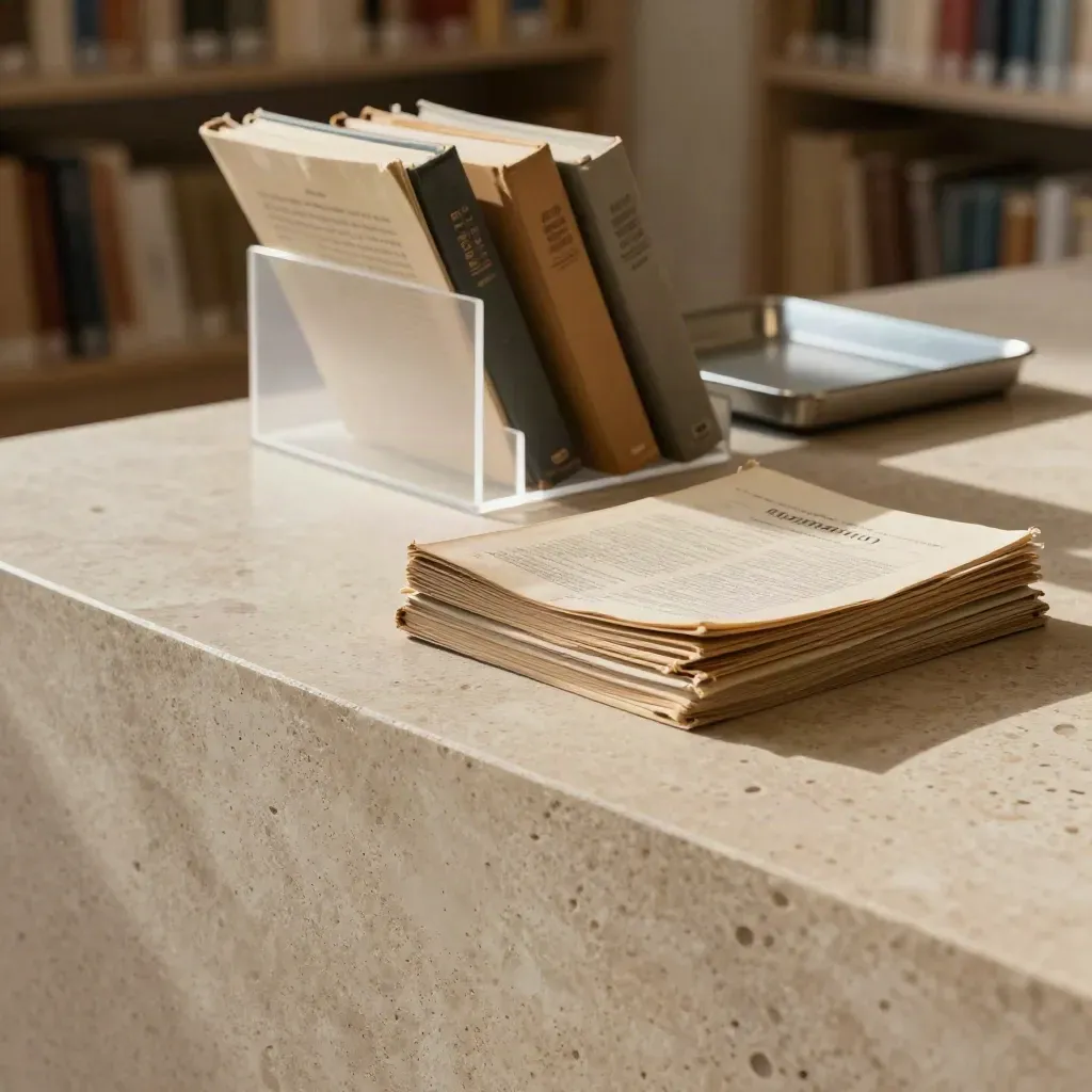 Travertinfläche mit Archivregalen, Reportmappen und weichem Seitenlicht