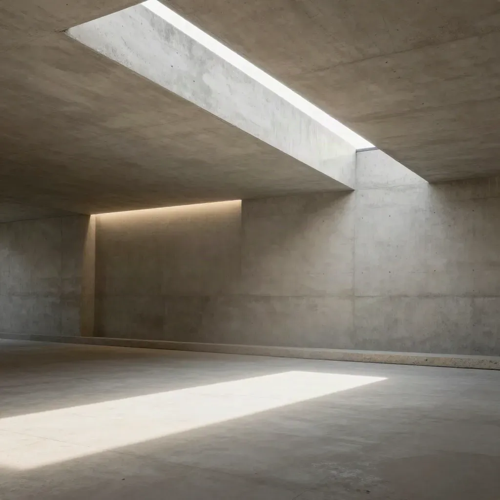 Betonflur mit Diagonalskylight und Nische, viel ruhige Fläche für Text.