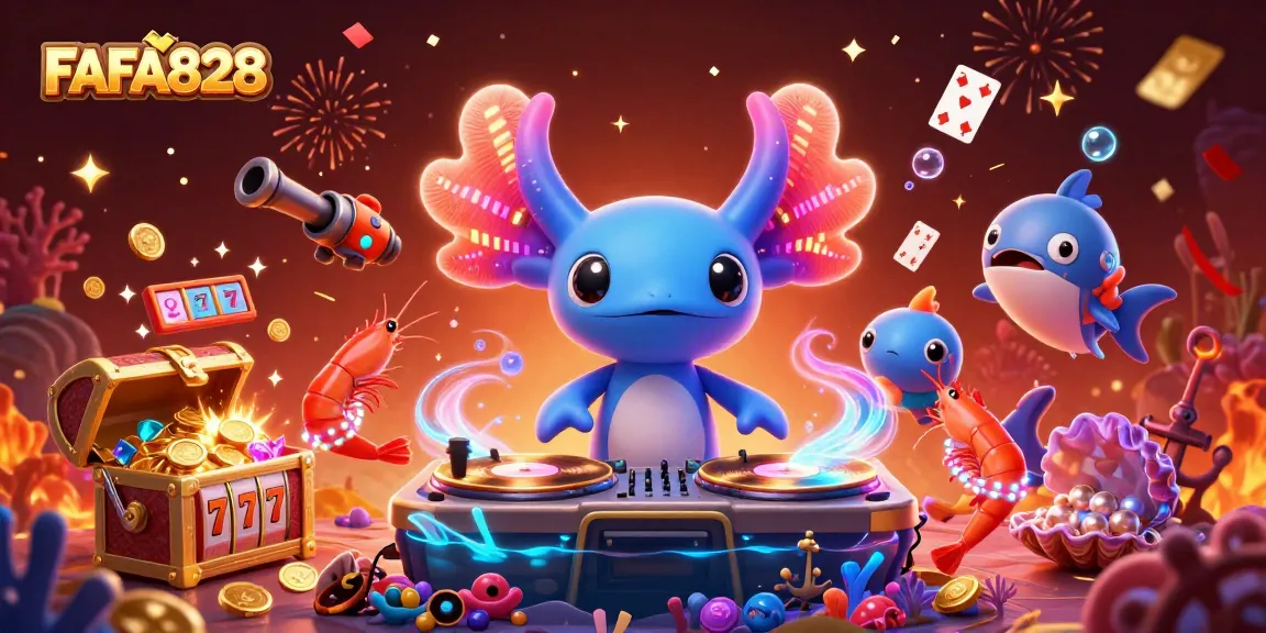 FAFA828 engages players with vibrant slots-themed underwater DJ party featuring colorful characters and dynamic casino elements.