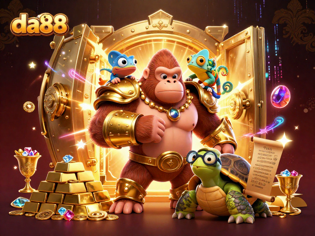 Engage with da88's exciting casino games featuring a gorilla king and colorful chameleon in a rich 3D illustration.