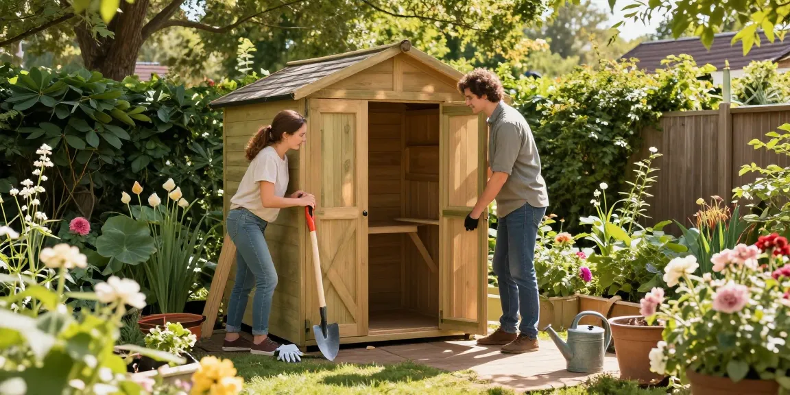 Gartenhaus kaufen: Paar baut gemeinsam ein Holz-Gartenhaus in einer blühenden Gartenszene.