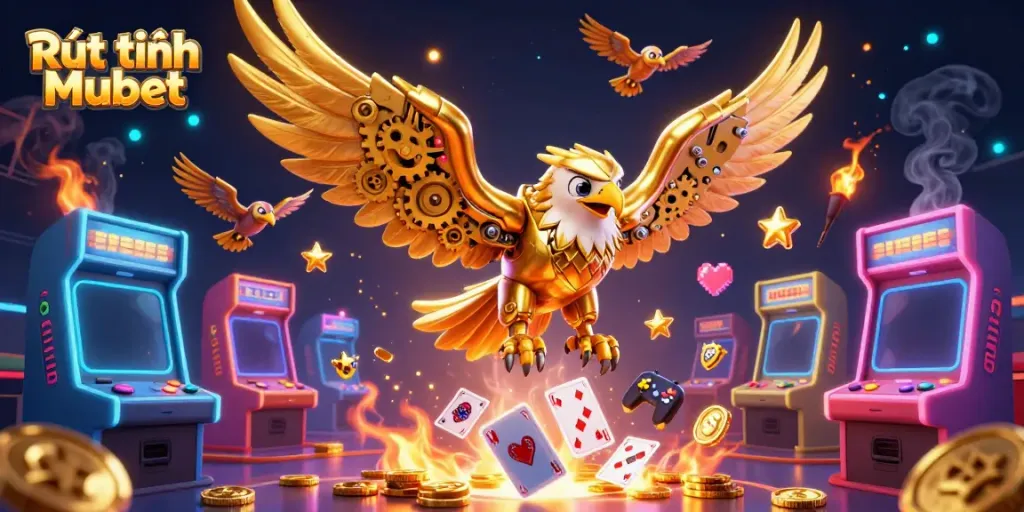 Engage with Rút tiền Mubet through a vibrant 3D illustration showcasing a golden eagle amidst casino elements and gaming excitement.