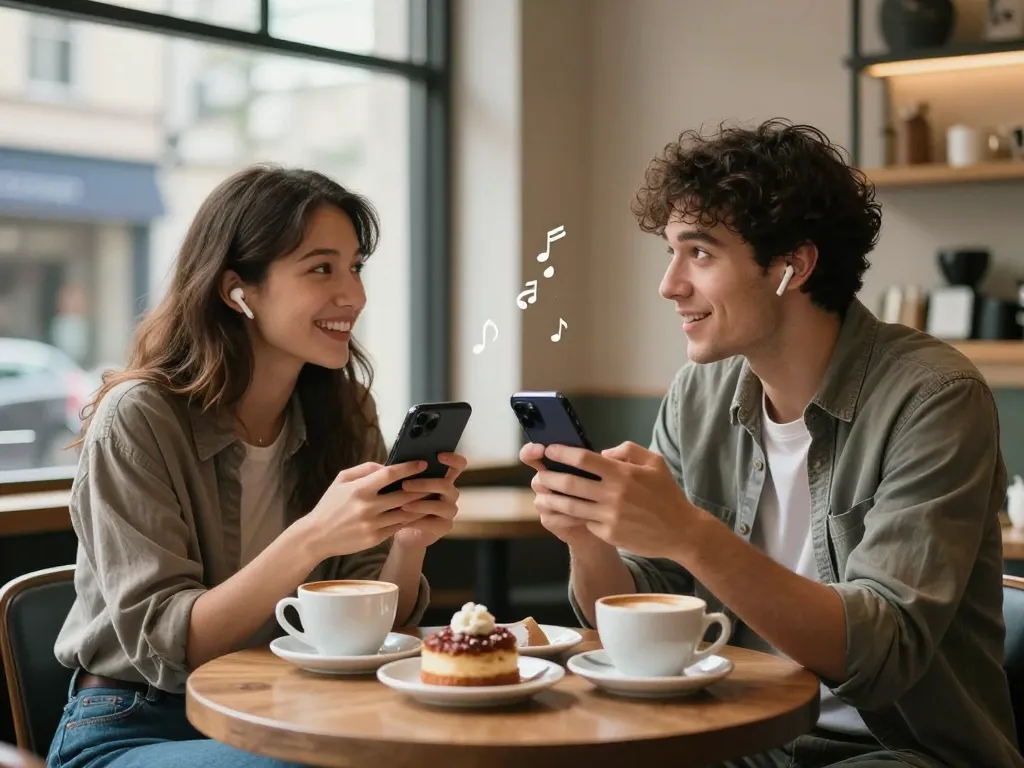 Couple engaging in a lively sex AI chat while enjoying coffee in a cozy café.
