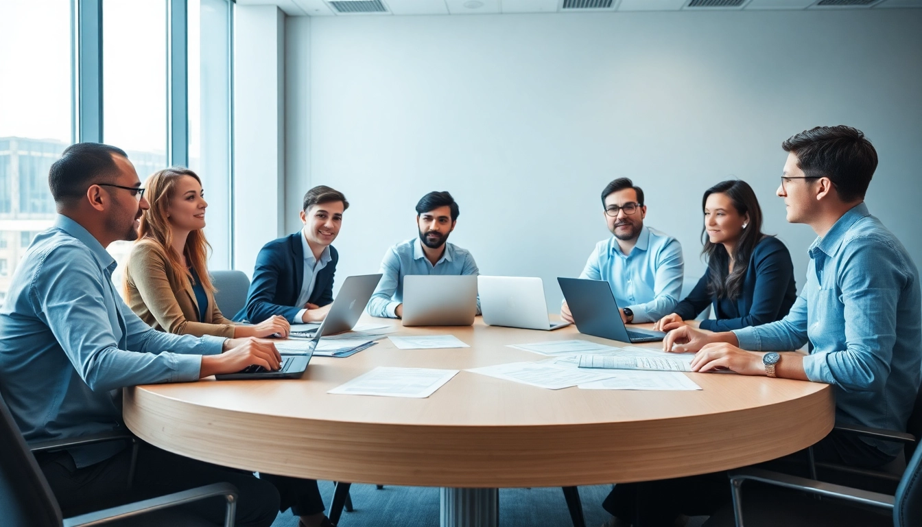 Professionals discussing SAP ERP solutions in a modern office setting.