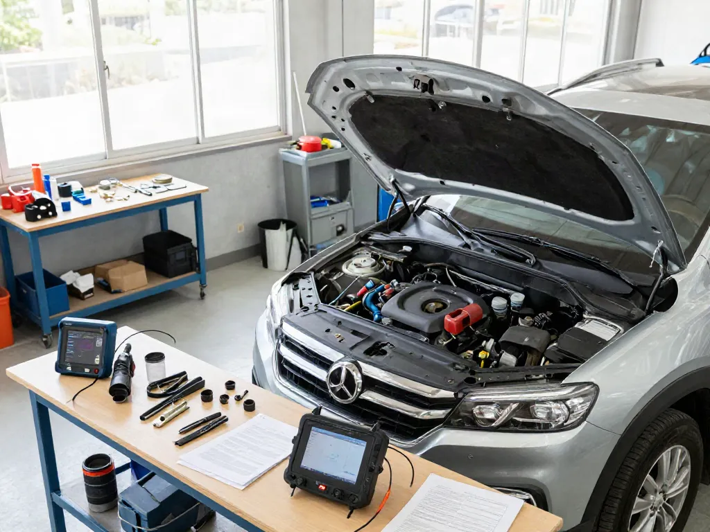 Mechaniker bei der DPF-Regeneration eines Dieselfahrzeugs in einer hellen Werkstatt mit viel Licht.