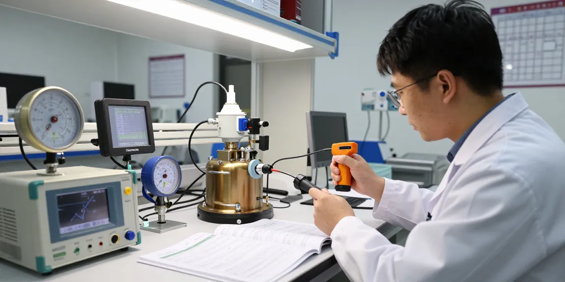 Techniker verwendet ein Heliumlecksuchgerät zur Genauigkeitsmessung in technischem Labor.