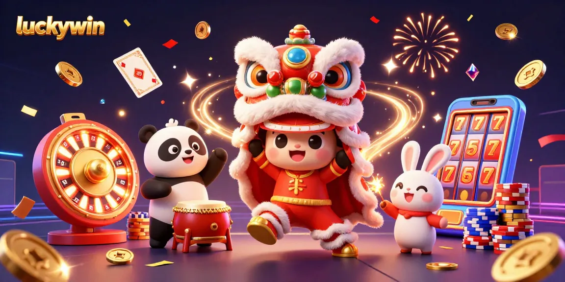 Experience thrilling wins with luckywin as a lion dance entertains amidst vibrant casino elements and colorful prizes.