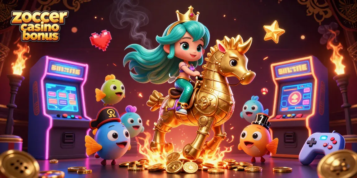 Erlebe den zoccer casino bonus mit einer 3D-Illustration, die eine Meerjungfrau und ihr goldenes Seepferdchen zeigt.