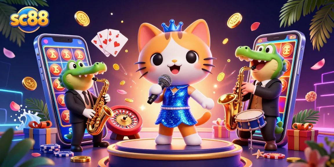 Experience the excitement of sc88 casino with dynamic slot games and vibrant characters in this colorful illustration.