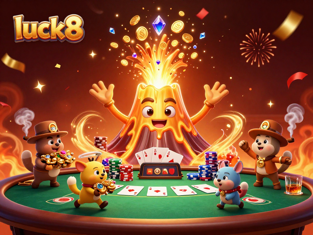 Experience luck8 with vibrant 3D casino action, featuring a volcano and poker excitement.