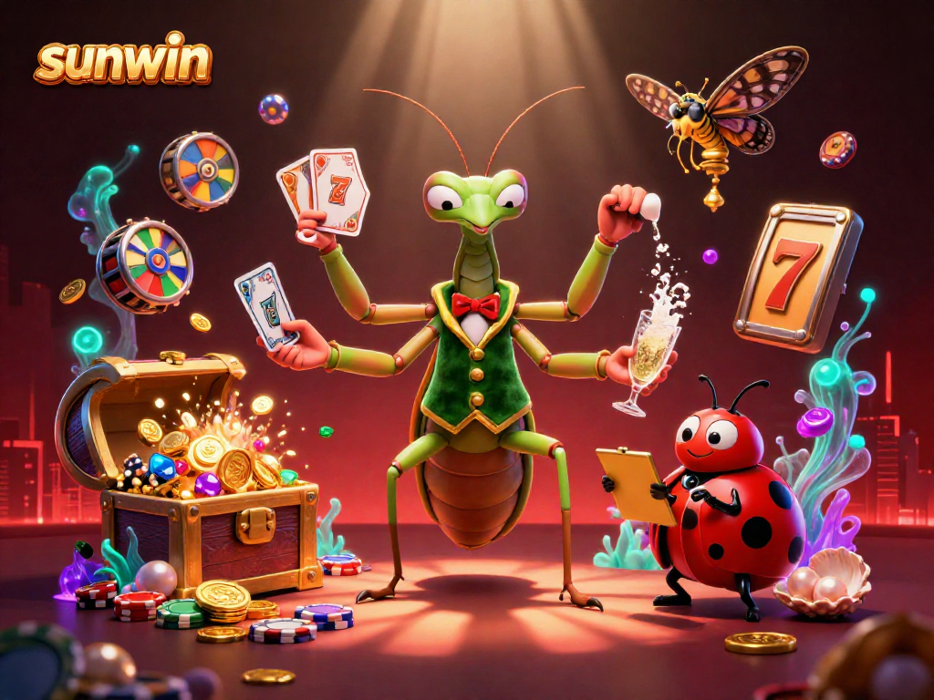Engage with sunwin in a vibrant 3D casino scene featuring a giant praying mantis and ladybug overseeing card games surrounded by gold.