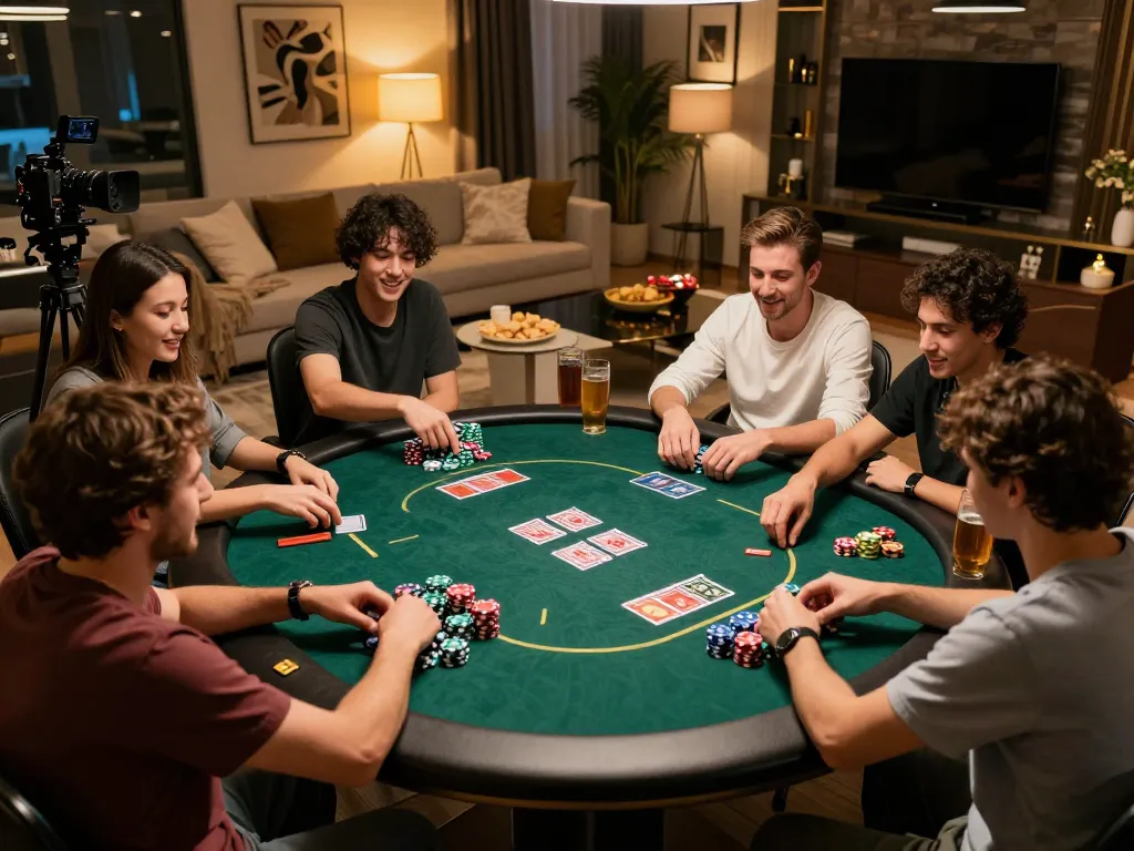 GO88 players engaged in a lively poker game around a stylish table with vibrant chips