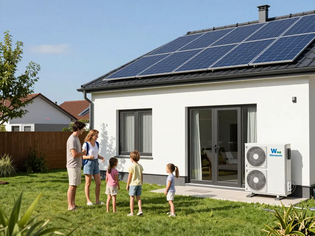 Photovoltaik Bayern - Familie genießt die Vorteile der Solarenergie in einem sonnigen Garten mit Solarpanelen und Wärmepumpe.