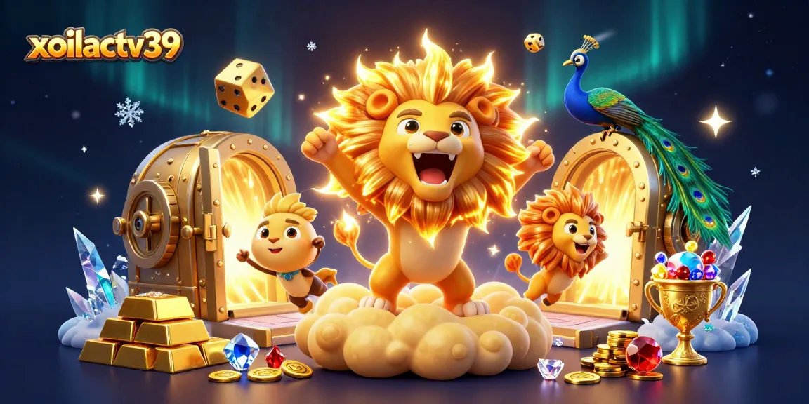 Experience the thrill of gaming at xoilactv39 with a dazzling casino scene featuring a roaring sun lion.