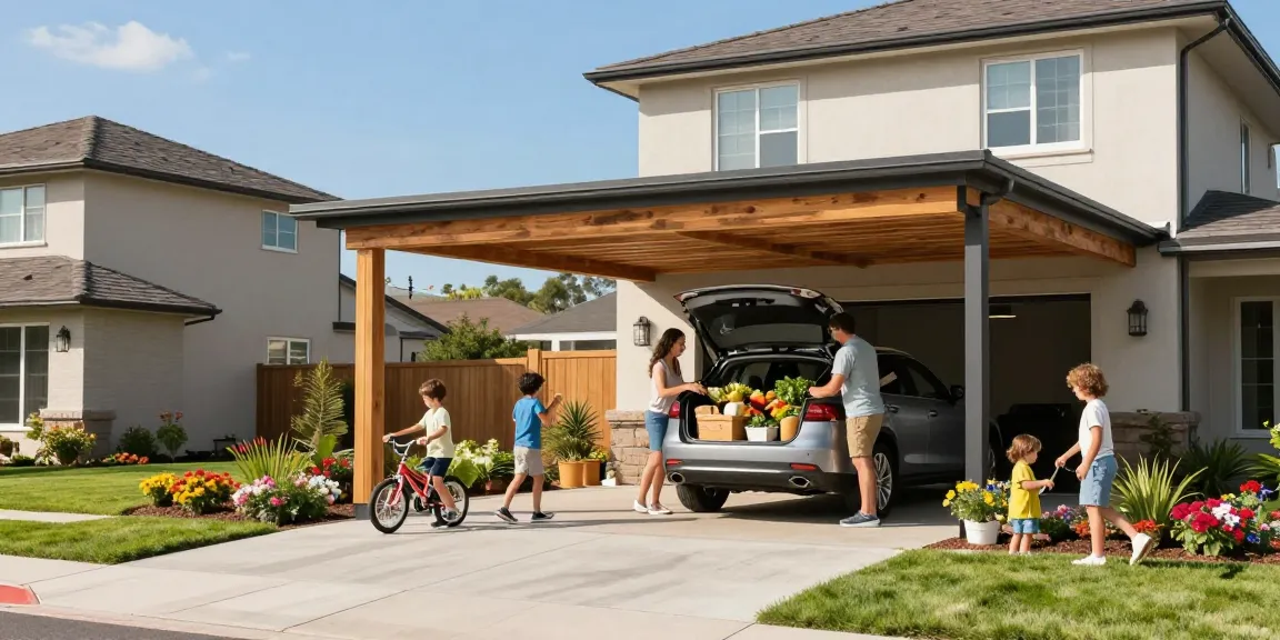 Schöner Carport schützt das Auto, während eine Familie Einkäufe auslädt.