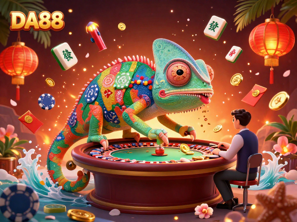 Play exciting games at DA88 with a colorful chameleon casino owner and festive decorations.
