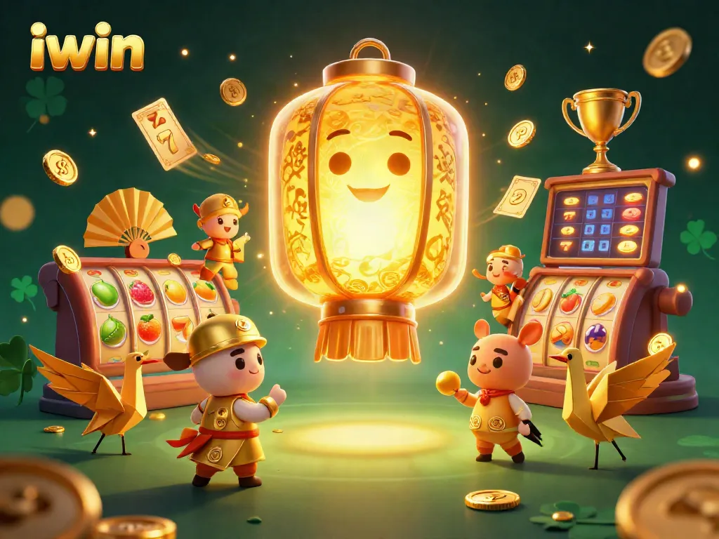 iwin showcases a vibrant casino scene with a golden lantern spirit, slot reels, and lucky symbols.