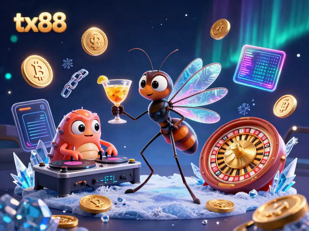 Experience the excitement of tx88 gaming with a dynamic casino scene featuring unique characters and crypto elements.
