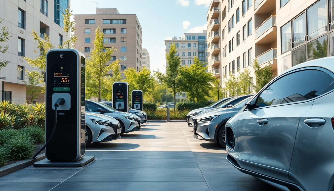 Elektroautos an einer modernen Ladestation im urbanen Umfeld mit futuristischem Design.