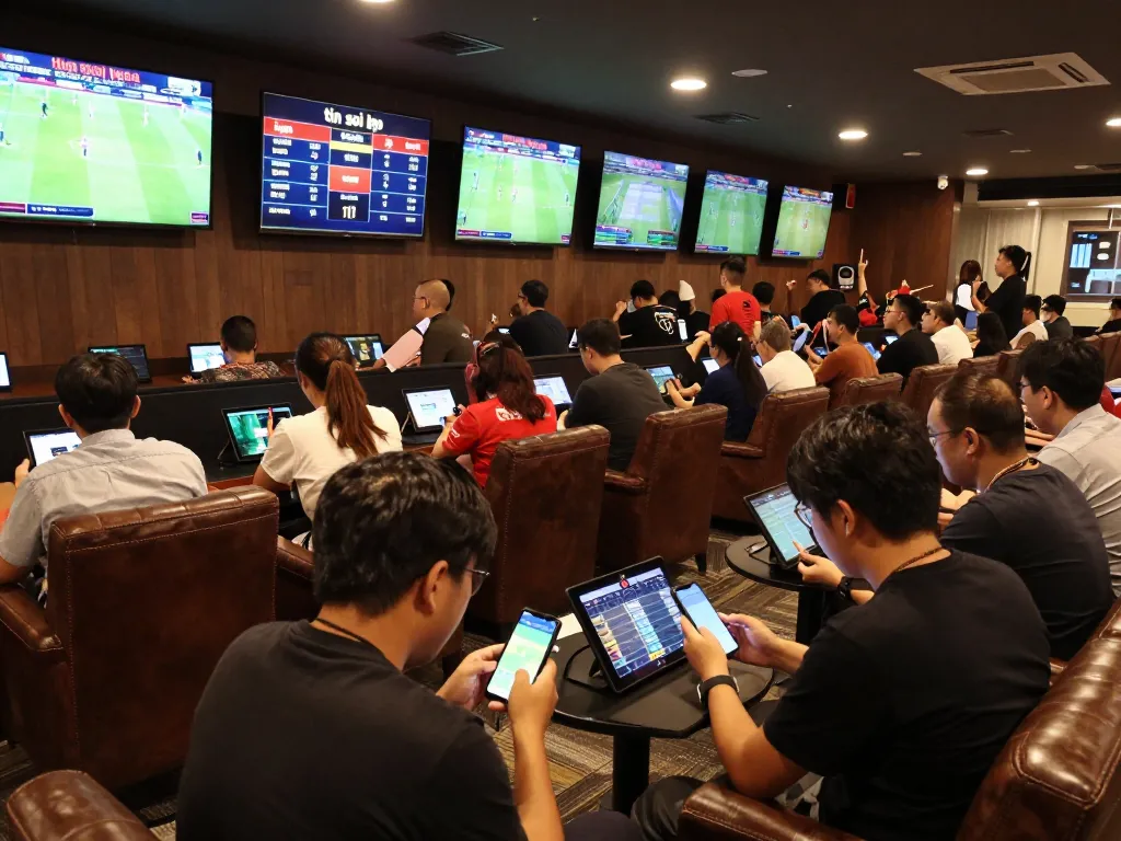Engaged sports bettors reviewing tin soi kèo odds on their mobile devices in a lively lounge