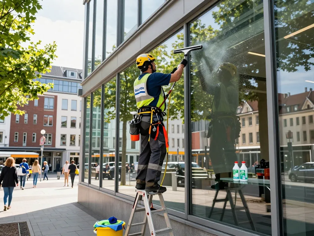 Zuverlässiger Fensterputzer aus Münster reinigt eine Glasfassade in einer urbanen Büroumgebung.
