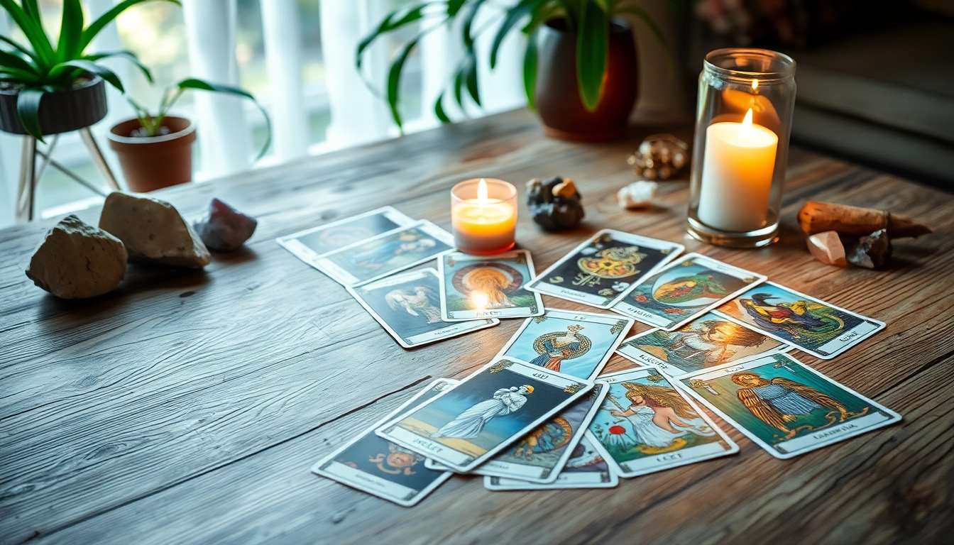 Entdecken Sie die Bedeutung von tarotkarten bedeutung mithilfe einer bunten Kartenlegung auf einem Holztisch.