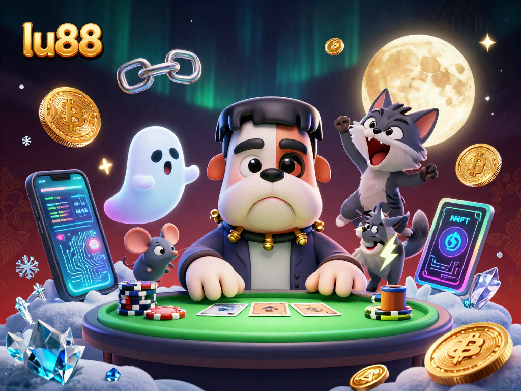 Join the fun at lu88 as a Frankenstein bulldog dealer captivates with spooky card tricks.