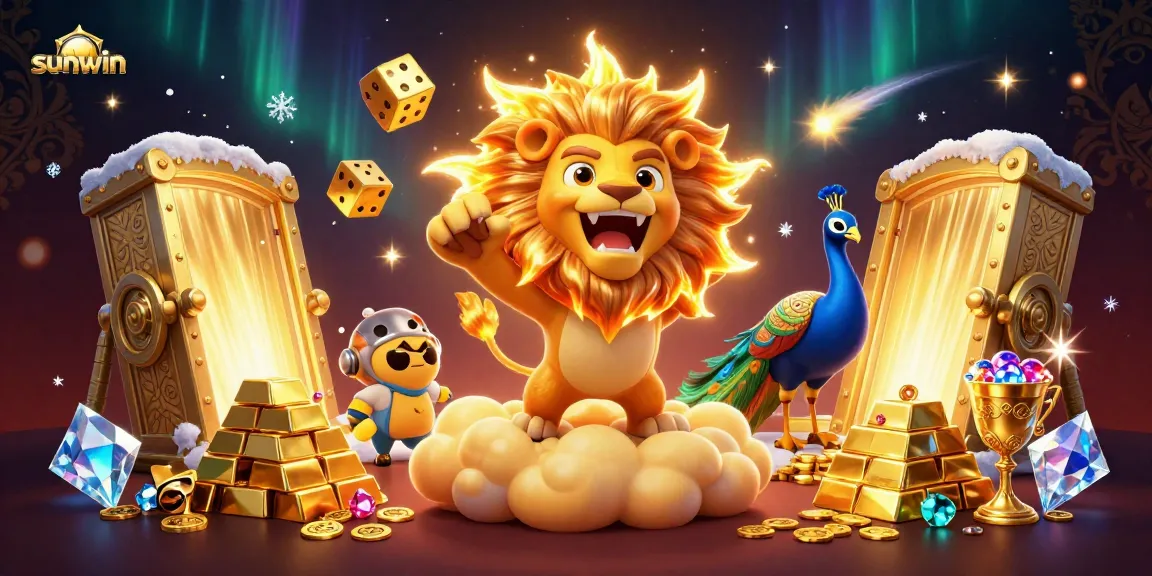 Engage with sunwin's vibrant casino atmosphere featuring a roaring sun lion amid shining treasures.