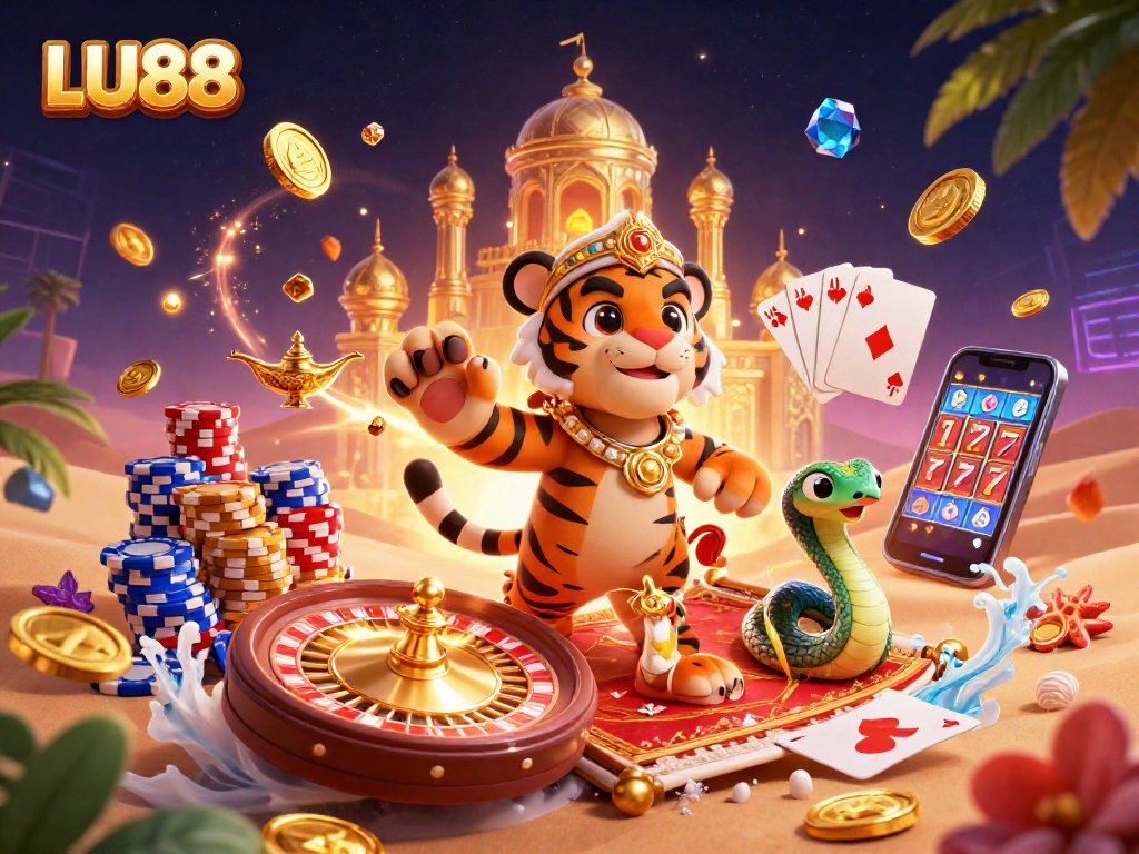 LU88 King spins the reels surrounded by gems, gold coins, and vibrant casino elements