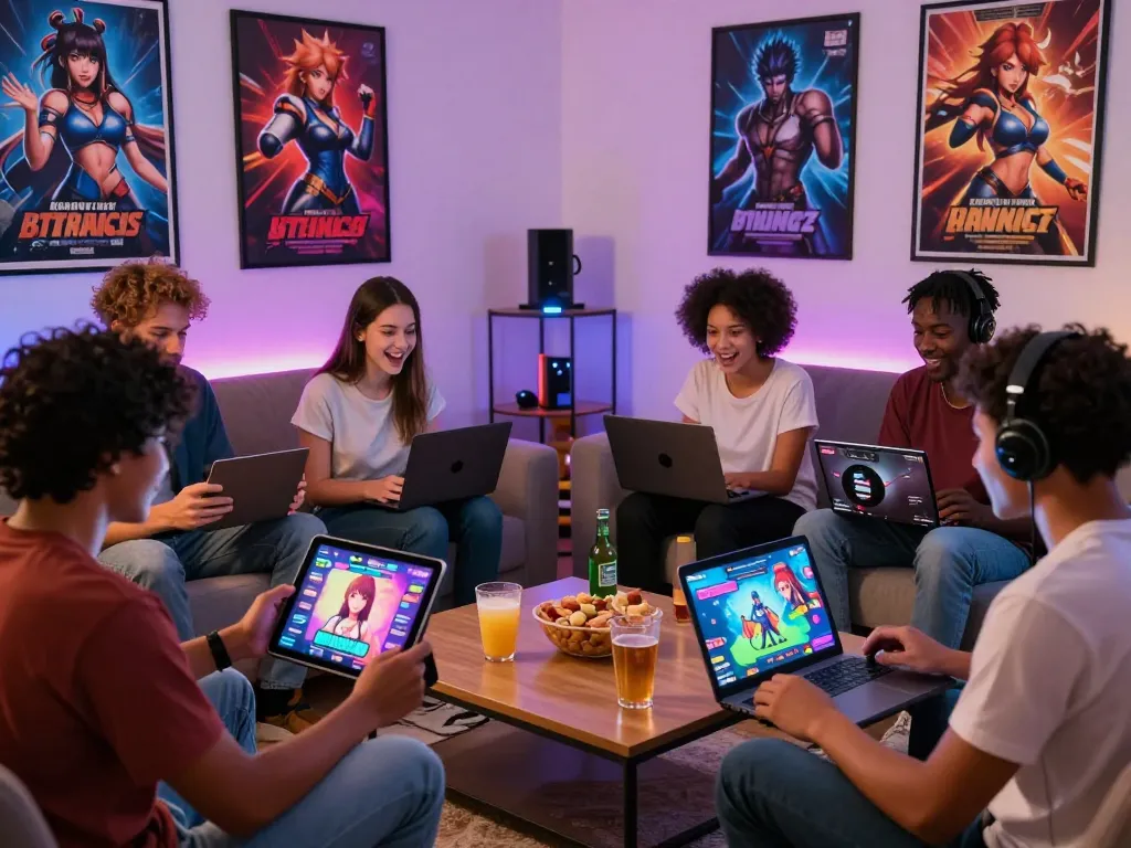 Engaged players enjoying HTML sex games on devices in a cozy gaming space.