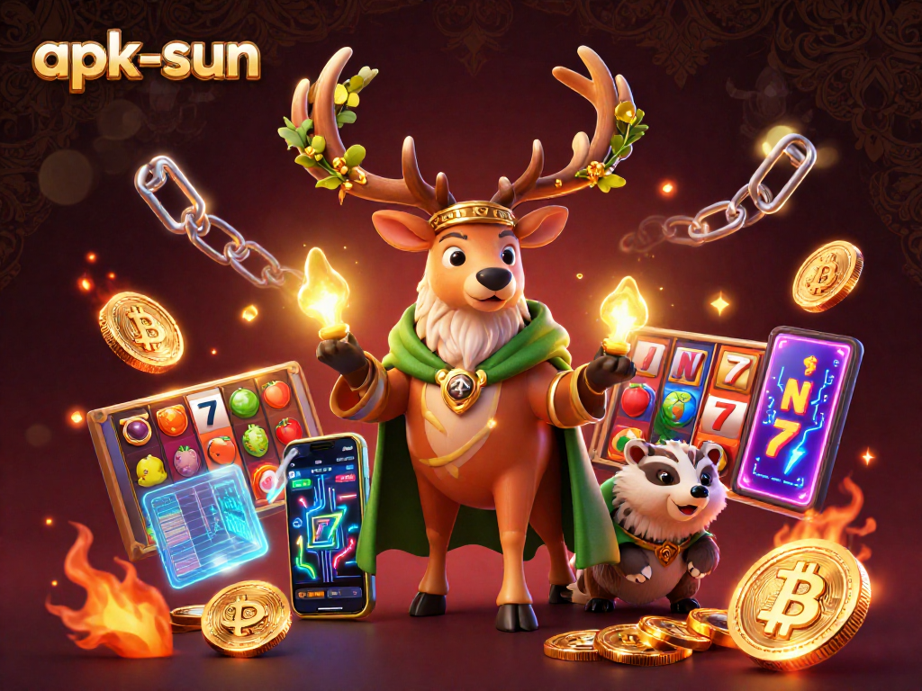 Engage with apk-sun's thrilling casino adventures featuring a druid stag amidst vibrant slot reels.