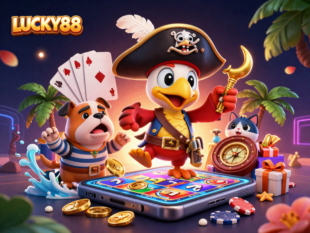 Engage in LUCKY88 with a vibrant 3D scene featuring a cartoon parrot captain ruling the casino adventure.