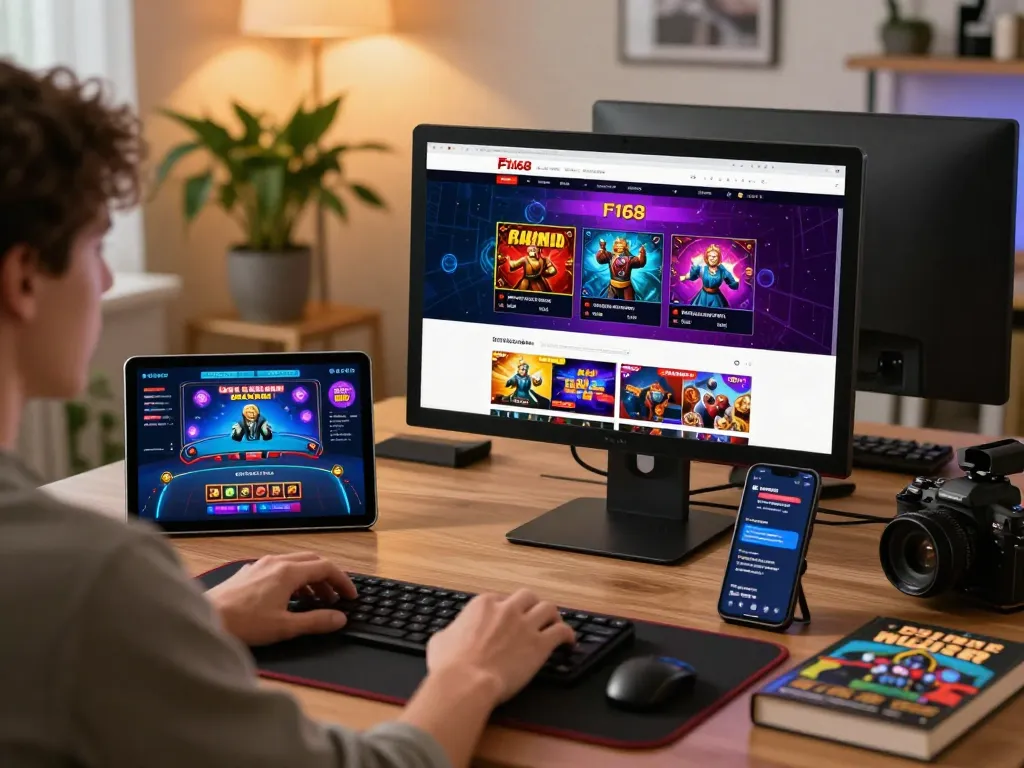 Engaging online gambling session on F168 platform, showcasing multiple devices and gaming features.