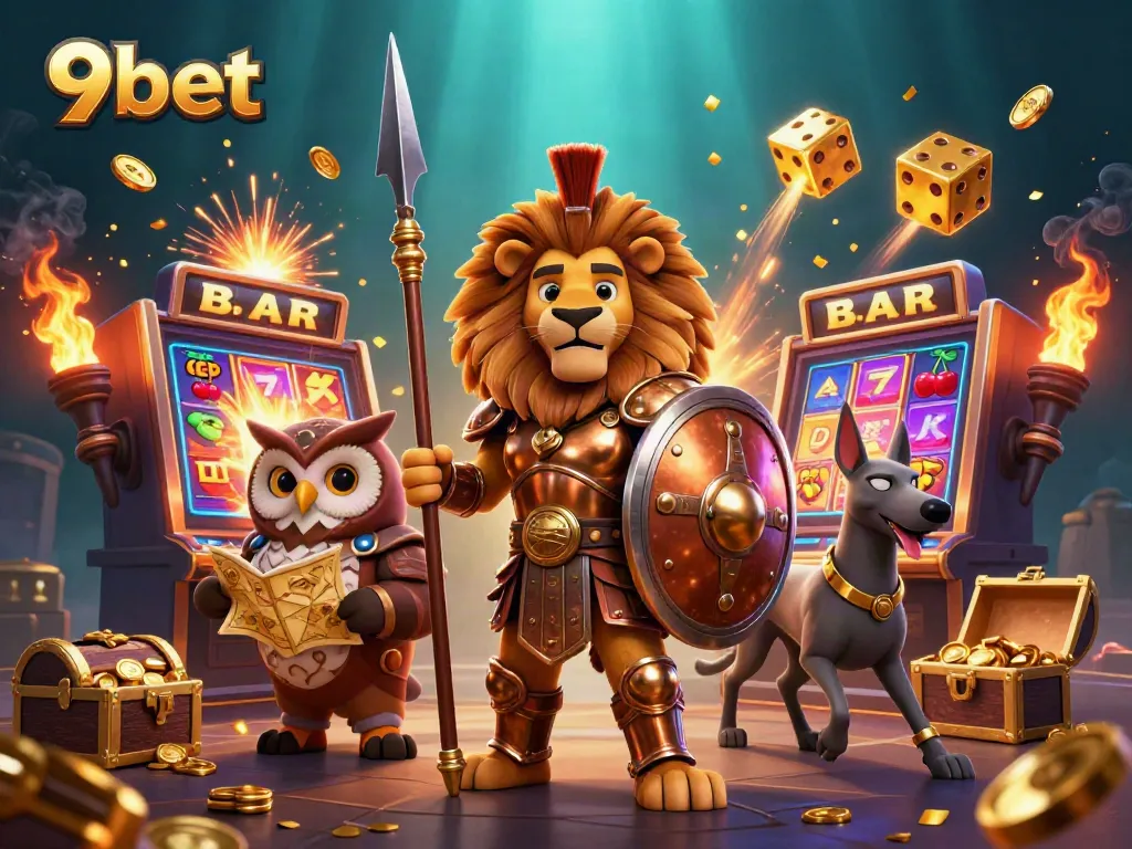Experience the excitement of 9bet with a vibrant casino scene featuring characters and classic game elements.