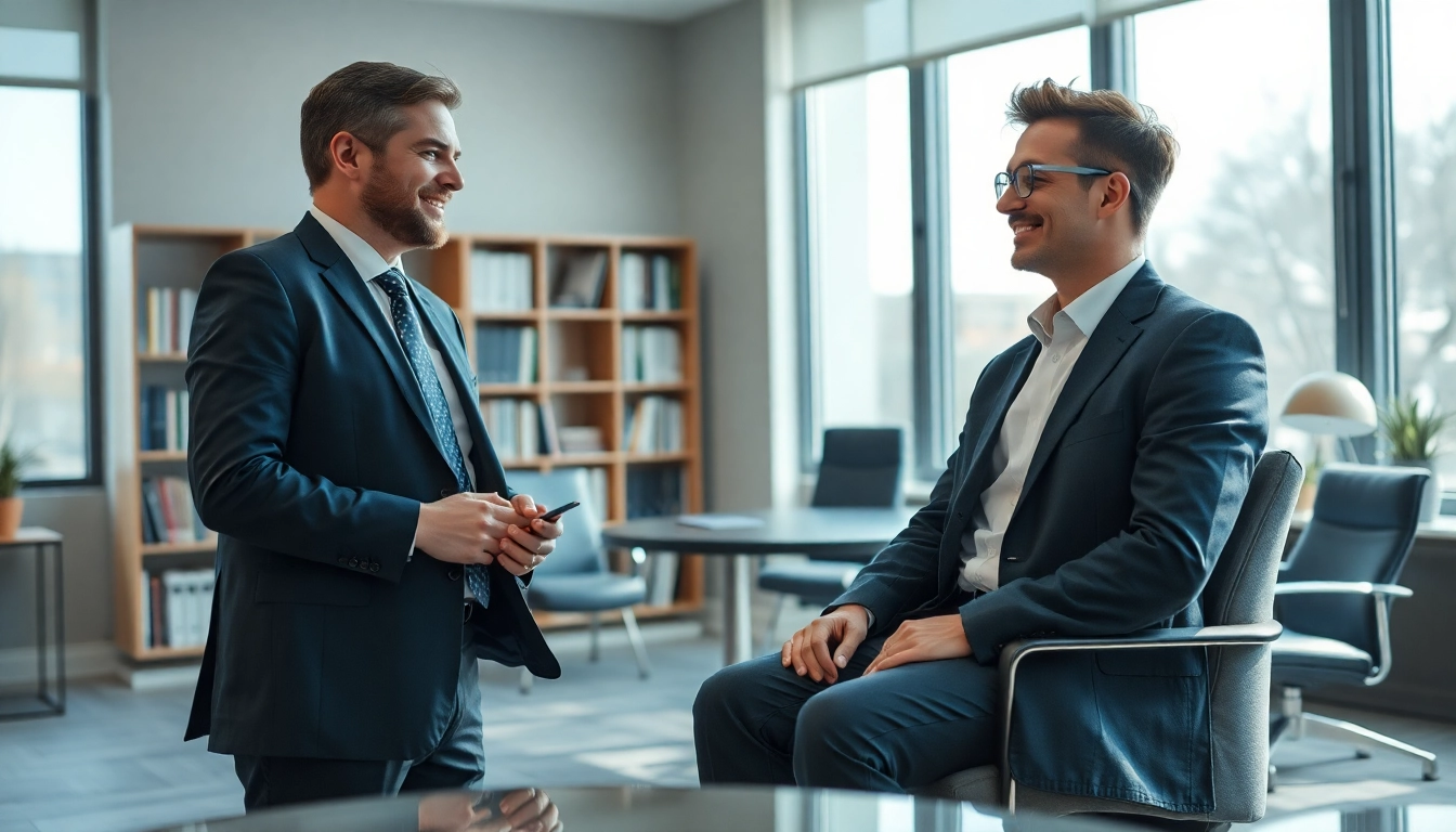 Headhunter führt ein kreatives und professionelles Gespräch mit einem Kandidaten in einem eleganten Büro.
