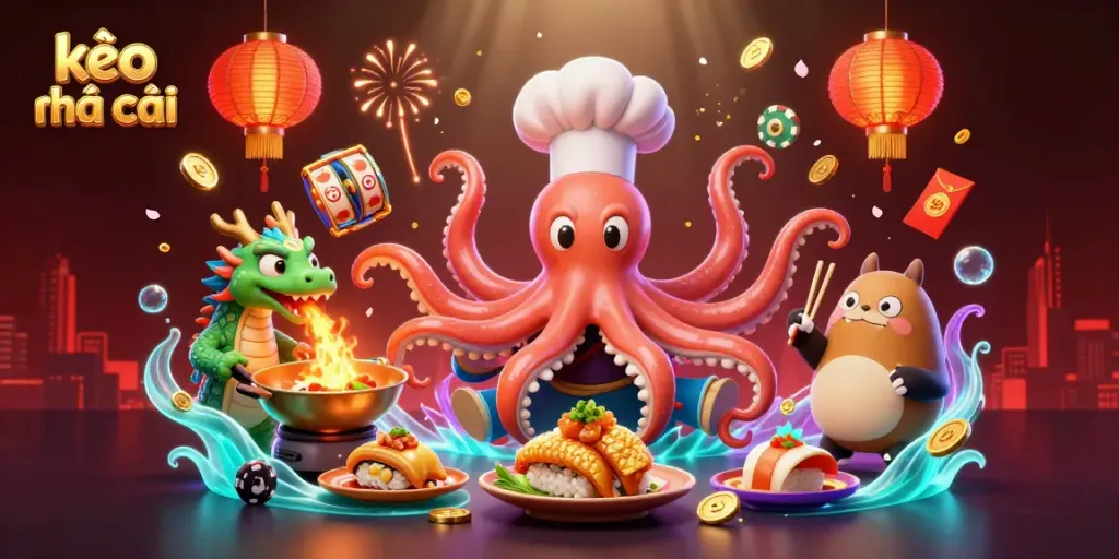 Experience exciting kèo nhà cái action with a colorful illustration featuring quirky characters and casino elements.