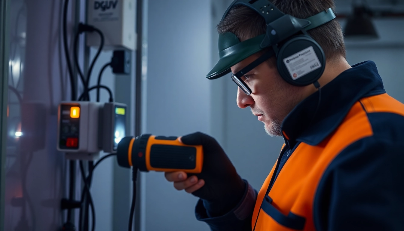 Techniker bei der DGUV V3 Prüfung von elektrischen Geräten mit modernem Prüfgerät und Sicherheitsvorkehrungen im Einsatz.