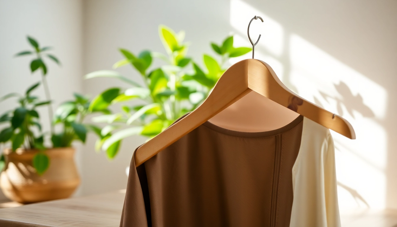 Nachhaltige kleiderbügel aus Holz in natürlicher Umgebung für umweltbewusste Einrichtung.