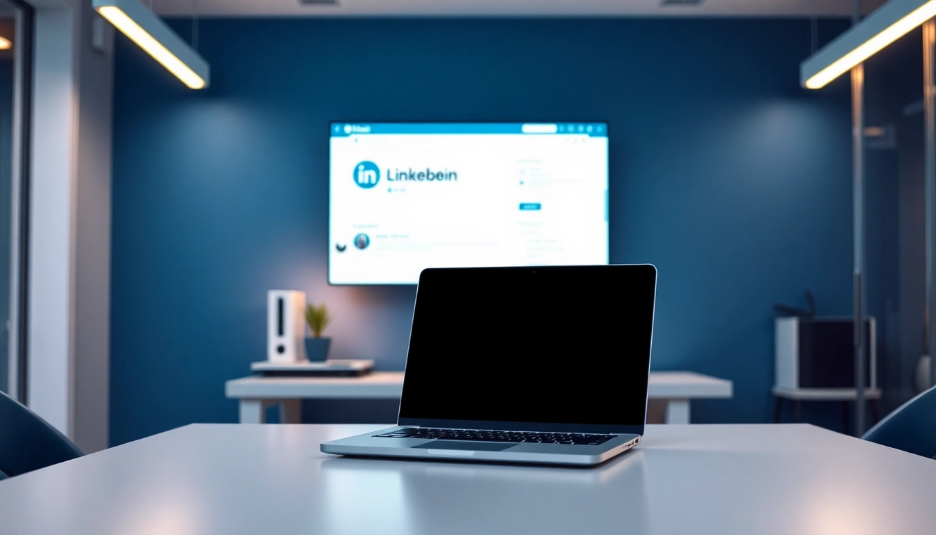 Professionelle LinkedIn Agentur zeigt ihre Dienstleistungen in einem modernen Büro mit Datenanalysen.