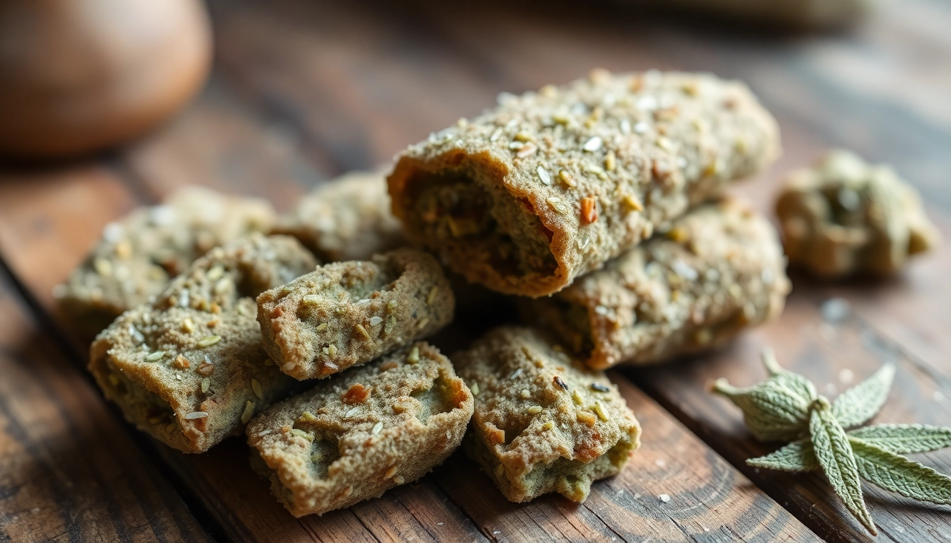 Frische Cannabis Kekse, die knusprig und appetitlich auf einem Holzuntergrund arrangiert sind.