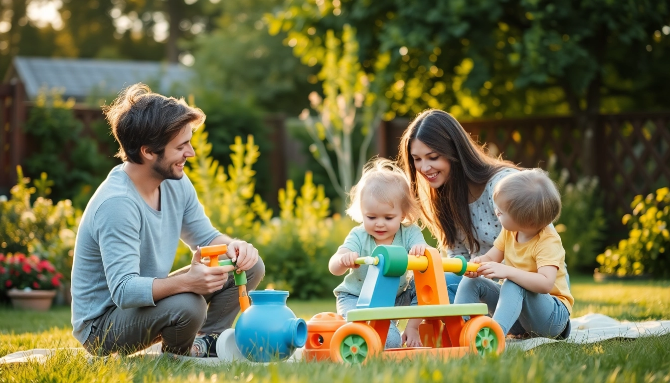 Kindererziehung durch spielerisches Lernen in einem Garten mit fröhlichen Familienmomenten.