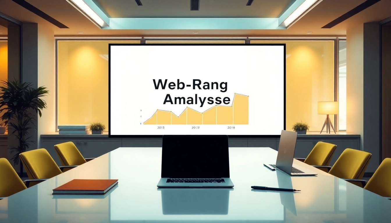 Visualisieren Sie die Web-Rang-Analyse auf einem modernen Bildschirm in einem kreativen Büro.