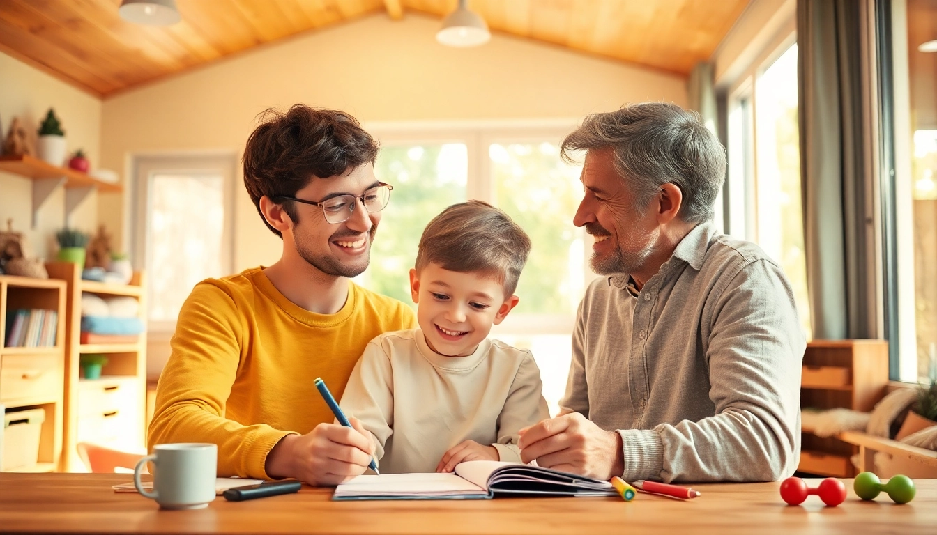 Ein Kind im Heimunterricht mit einem Elternteil in einem einladenden Lernraum, voller Freude und Engagement.