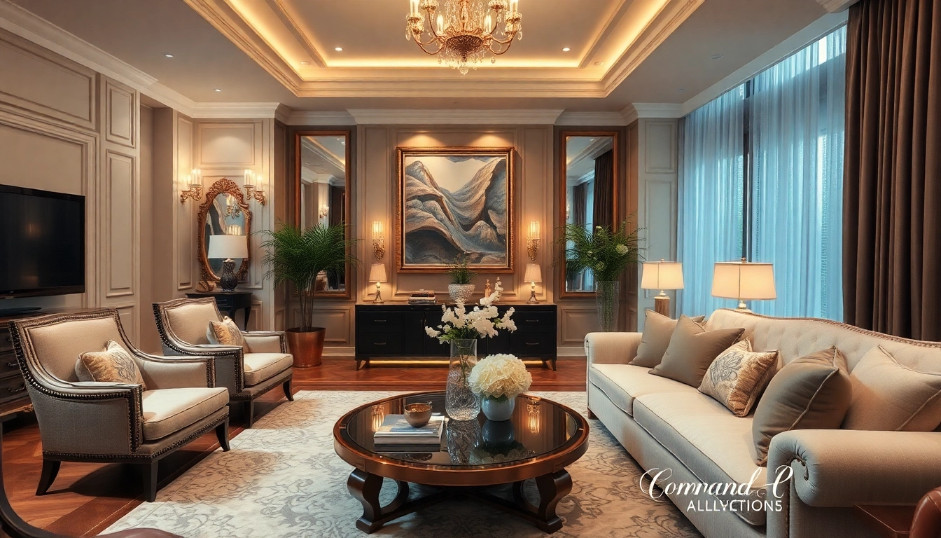 Luxury living room with elegant furniture and warm lighting creating an inviting atmosphere.