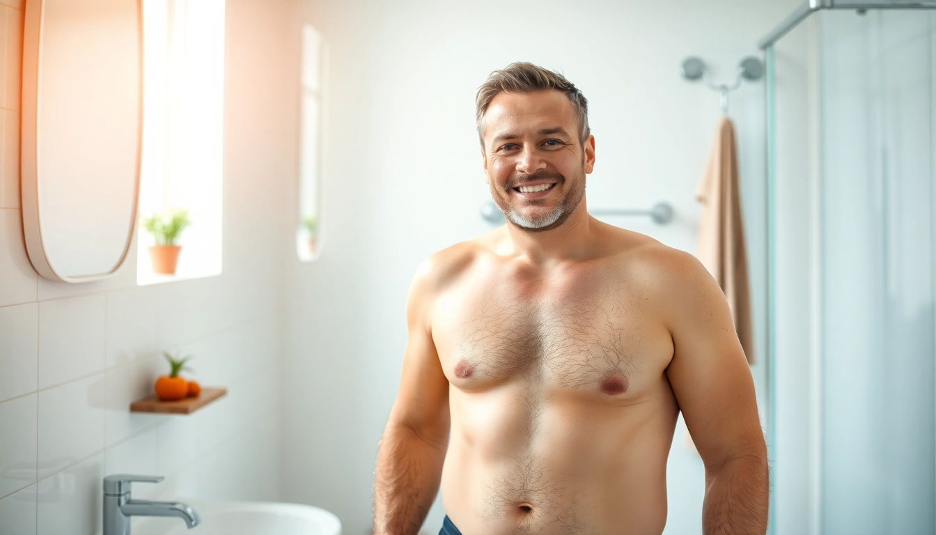 Motivierter Mensch auf der Waage, symbolisiert Gewichtsverlust durch gesunde Lebensweise.