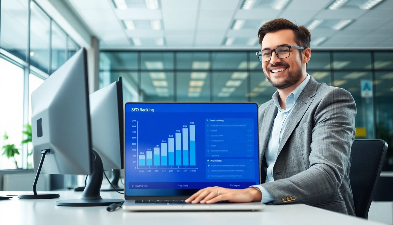 Visualisieren Sie die SEO-Ranking-Ergebnisse in einem modernen Büro, wo Experten an einem Laptop arbeiten.